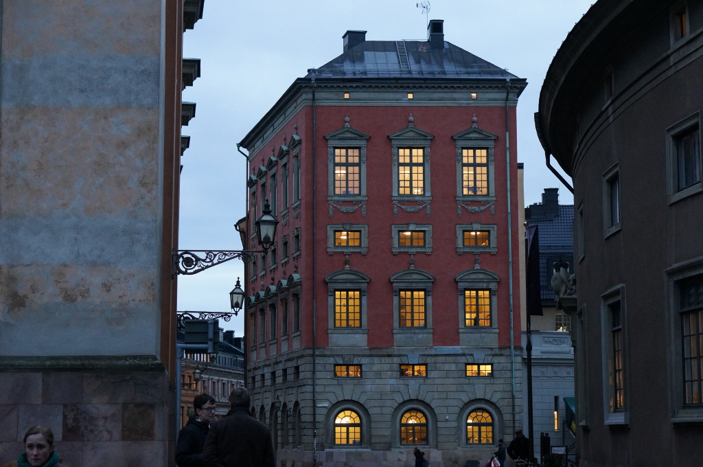 stockholm's old town historic center gamla stan dusk winter buildings sedish style