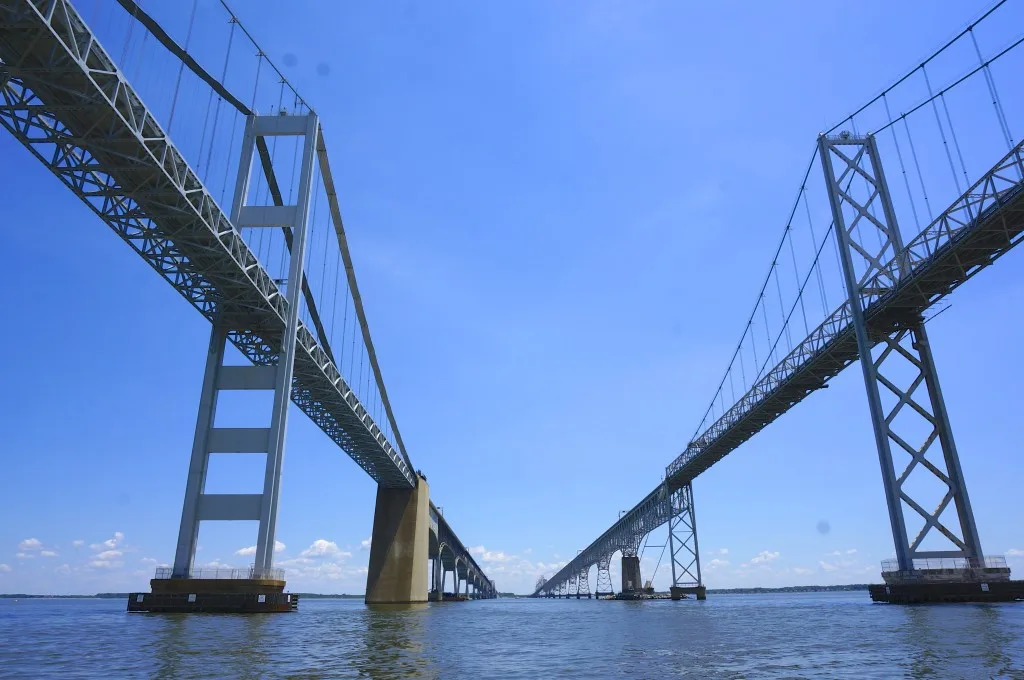 sailing under between the bay bridge chesapeake bay maryland view underneath