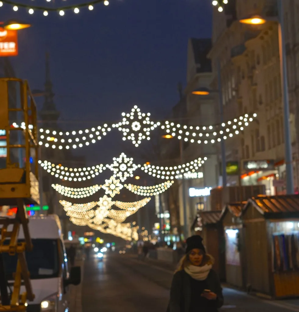 Christmas market lights in Spittelberg, Vienna. Weihnachtsmarkt 