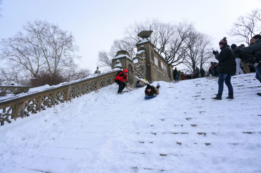 bethesda terrace stairs sledding snowstorm nyc