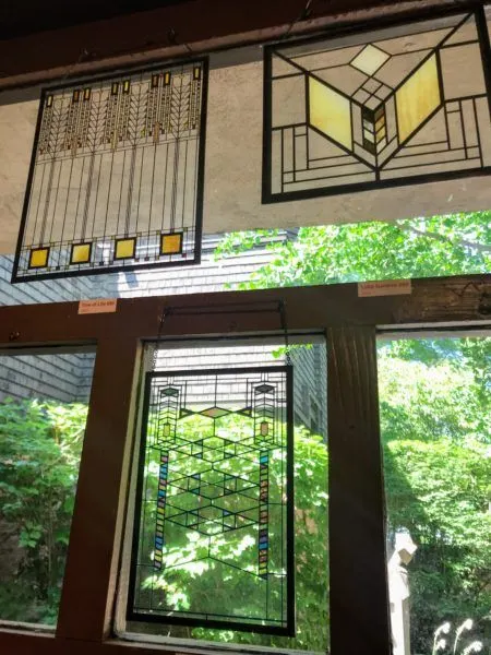 Frank Lloyd Wright inspired stained glass decal designs at gift shop in Oak Park, Illinois #chicago #architecture 